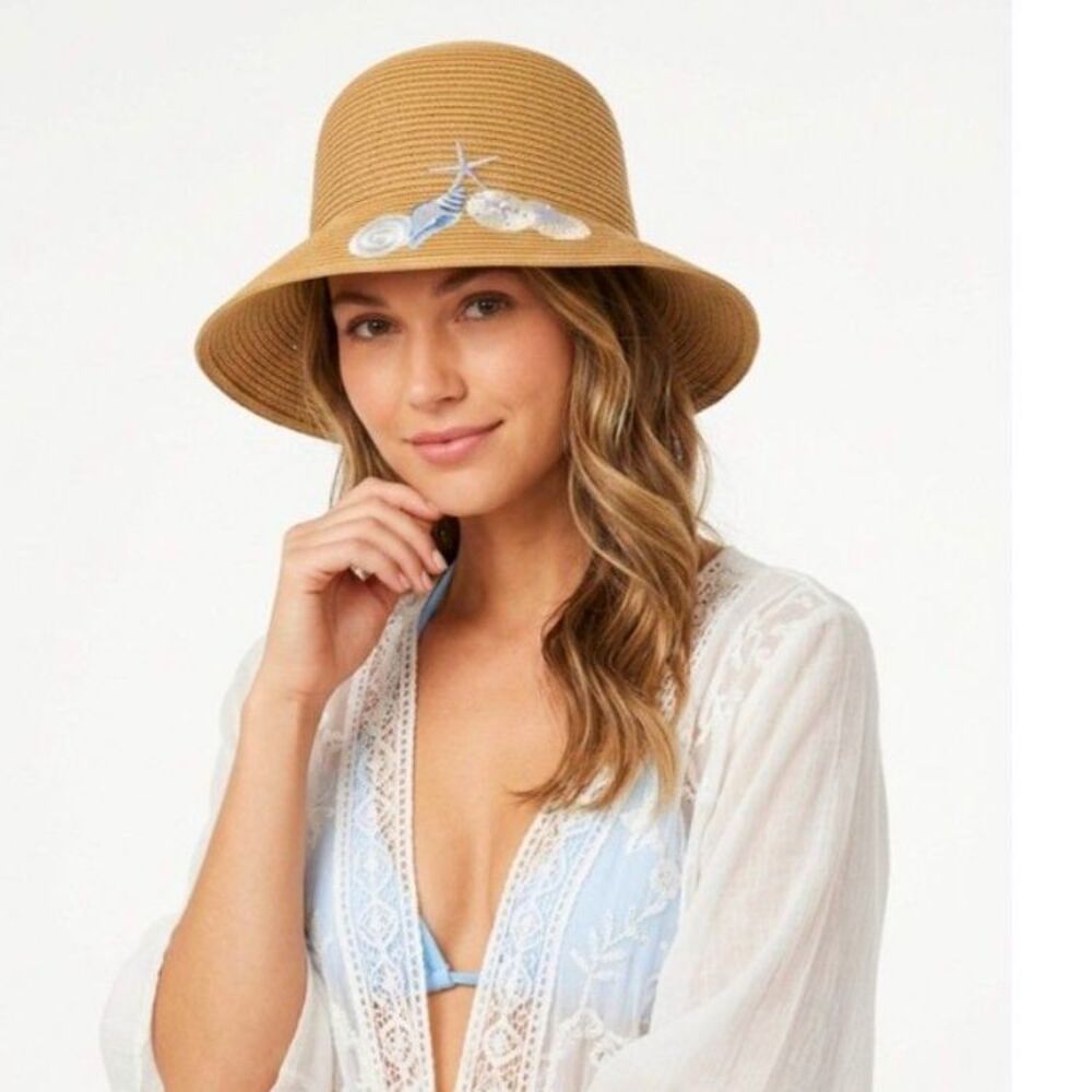 Steve Madden NWOT Women's Tan Sea Shell Embroidered Packable Sun Hat